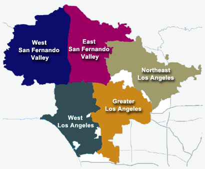 Service Area Map: West San Fernando Valley, East San Fernando Valley, West Los Angeles, Greater Los Angeles, Northeast Los Angeles Map